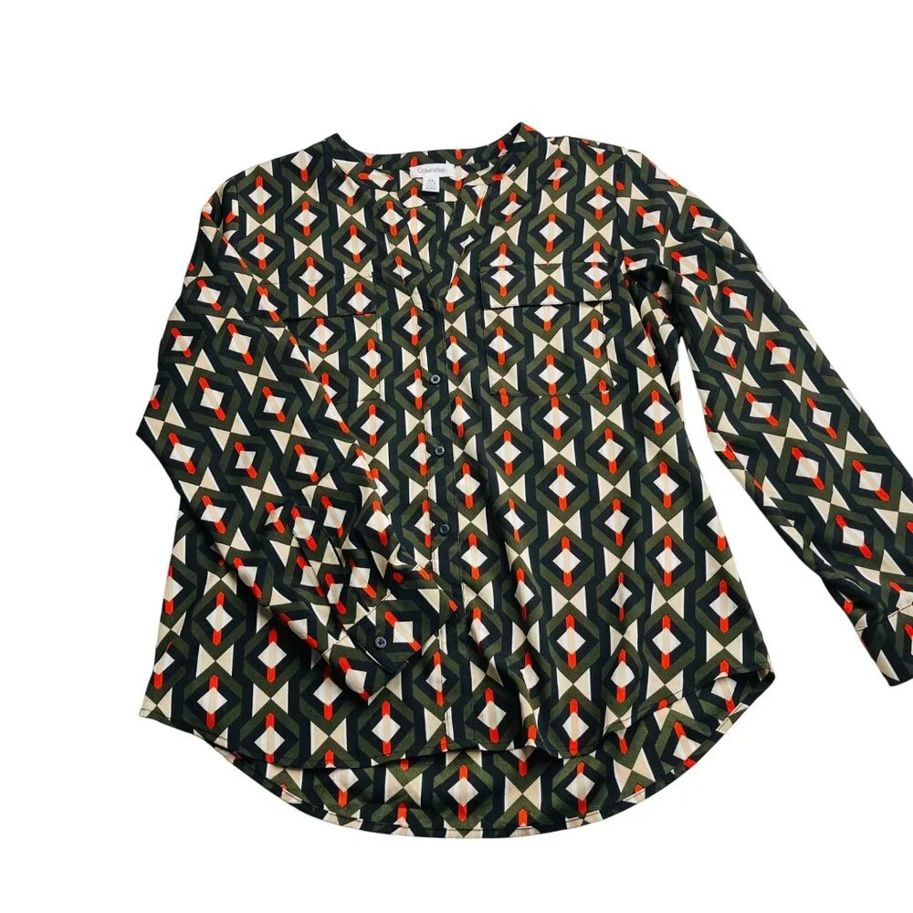 Calvin Klein Womens Long-Sleeve Geometric Pattern Button-Down Blouse‎ L